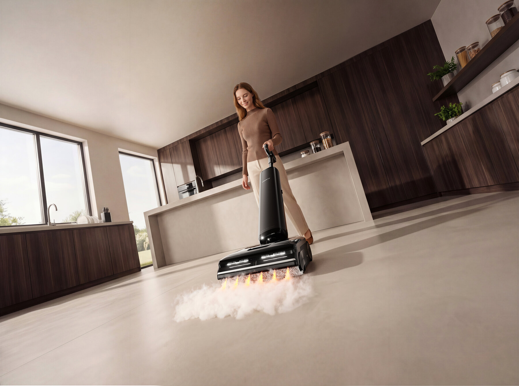 DX800 Steam màu đen đang làm sạch sàn trong không gian gia đình