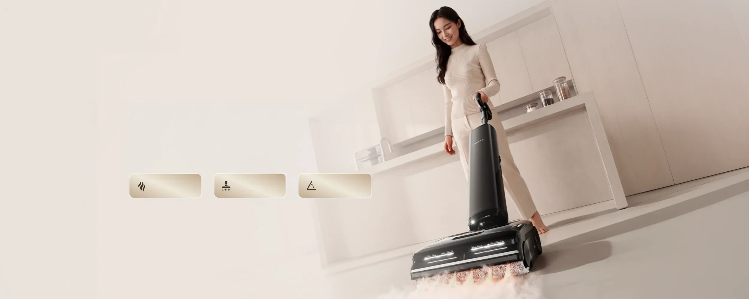 Người dùng đang dùng máy hút bụi lau sàn hơi nước DX800 Steam trong bếp